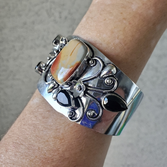 New Mookaite Jasper and Spinnel Cuff 925 Silver Bracelet. - Picture 12 of 16